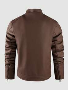 LEDUNTINO 男士时尚拉链休闲户外加厚抓绒皮夹克，运动风，纯色，飞行员夹克，街头风，男友礼物，男士秋冬夹克上衣，立领，机车风，防风，风衣，男士皮夹克春秋外套 - 咖啡棕 - 查看 2