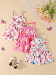 3pcs/Set Baby Girls' Cartoon Butterfly Printed Cute Strap Dress With Bow, Summer Resort Style