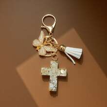 1 pieza Llavero de Cruz con Resina Druzy y Concha, Decoración con Borla de Mariposa, Regalo para Hombres Mujeres Accesorios para Coche y Bolso