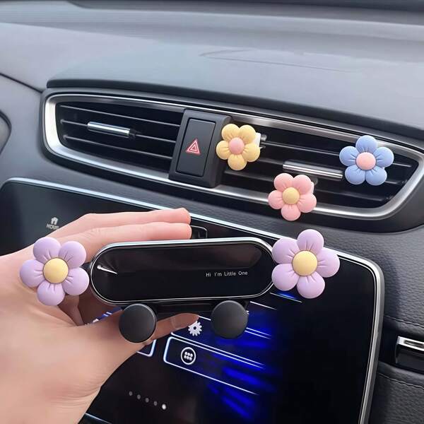 Suporte de celular automotivo de gravidade em PVC com 4 peças/conjunto, com clipe de saída de ar ajustável, suporte à prova d'água para smartphone com decoração floral para navegação no painel do veículo
