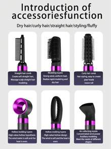 Spazzola per acconciature rapida 6 in 1-Arricciatura e stiratura automatica, Modellatore d aria a 3 velocità regolabili con accessori intercambiabili (arricciacapelli, pettine, piastra per capelli, ugello), adatto per tutti i tipi di capelli, non danneggia i capelli, regalo perfetto per casa e viaggio, design a manico capiente.