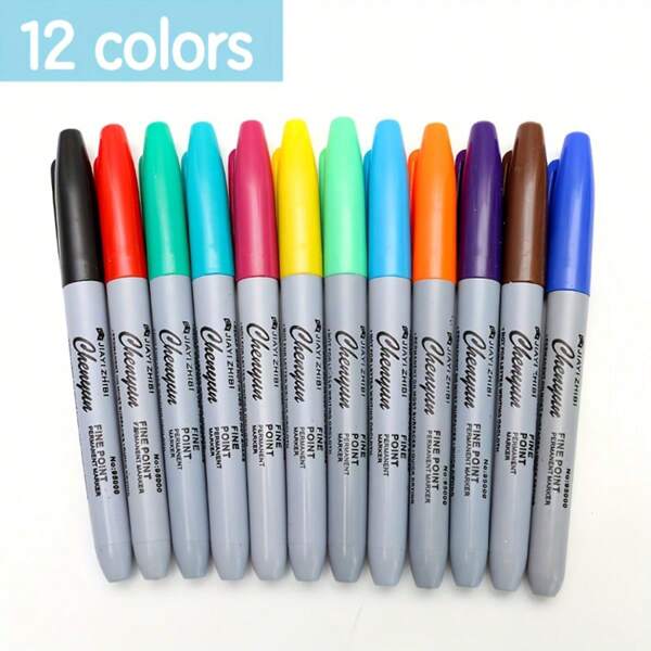 Set de 6 piezas/12 piezas de bolígrafos permanentes de punta fina durables y de larga duración - ideales para el aula, la oficina, la cocina y talla grande - colores surtidos de regreso a la escuela