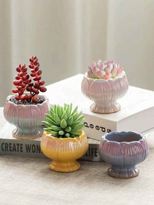 Ceramic Flower Pot, Japanese Lotus Shape, Suitable For Succulents & Small Plants Planting, With Drainage Hole, For Office, Desk, Balcony, Decorative Planter