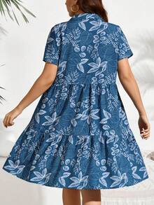 1 件叶子和花卉印花梭织面料连衣裙，带纽扣装饰，褶饰/荷叶边下摆，抽绳腰部，休闲衬衫领短袖夏季度假/派对连衣裙