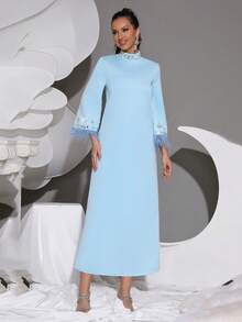 Modphy 2025 New Elegant High Collar Rhinestone Faux Feather Flare Sleeve Slim Fit Long Dress, Women's Formal Dress For Graduation, Party, Banquet, Gown, For Evening, Wedding Guest - Baby Blue - View 5