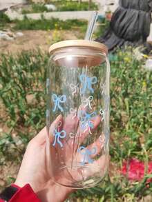 1个/套玻璃杯，带竹盖和吸管 - 500毫升/16.9盎司，可重复使用，适用于咖啡/珍珠奶茶，可爱蝴蝶结图案，冷饮套装 - 可放入洗碗机清洗 - 彩色 - 查看 15