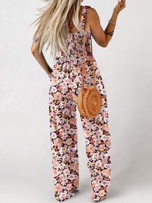 Acelitt Women's Bohemian Style Printed Square Neck Pleated Patchwork Pocket Loose Wide Leg Casual Jumpsuit, Summer - Multicolor - View 2