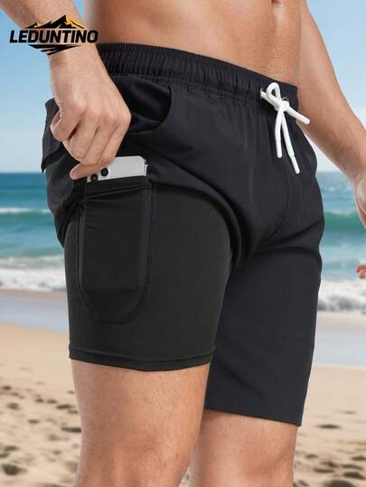 LEDUNTINO [春夏] 男士二合一双层短裤 运动纯色 老公/男朋友礼物 男士夏季户外短裤 沙滩度假 多口袋短裤 春夏下装