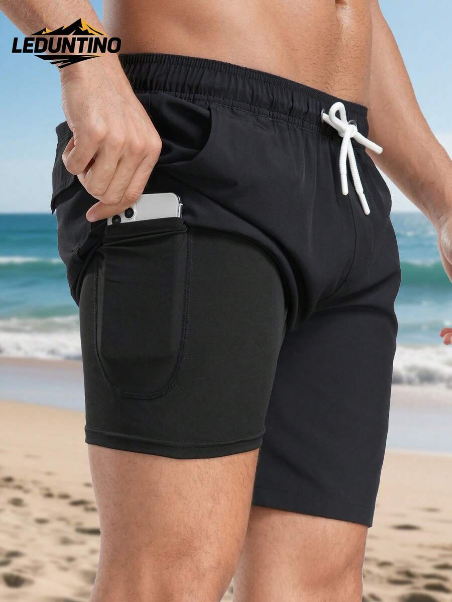LEDUNTINO [Spring/Summer] Men's 2-In-1 Double Layer Shorts, Sports, Solid, Husband/Boyfriend Gift, Men's Summer Outdoor Shorts, Beach, Vacation, Multi-Pocket Shorts, Spring/Summer Bottoms - Black - View 1