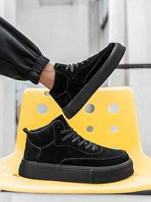 Men's Retro Classic Black High Top Flat Casual Sneakers, Comfortable Stylish High Street Fashion Skateboard Shoes - Black - View 10