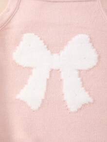 Baby Girl Sweet Solid Color Knit Romper With Bow Decor, Sleeveless Jumpsuit, Spring/Summer - Baby Pink - View 3