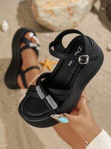 SHIHUA Schwarze Riemen-Sandalen Damen 2025 Neu Sommer Plateau-Sohle mit Strass verziert Kleid Sandalen, Plateau Römische Schuhe für den Strand - Schwarz - Übersicht 1