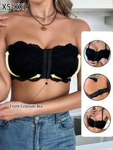 Women's Fashion Racerback Lace Patchwork Front Closure Lingerie - Black - View 2