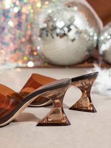 Plus Size Women's Square Toe Transparent Solid Color Slip-On Crystal Heel High Heel Slide Sandals, Suitable For Fashion Shows - Brown - View 3