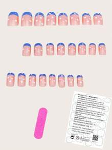 24 Peças Kit de Unhas Postiças Quadradas de Tamanho Médio Francesas na Cor Azul, Design Ombré de Estrelas do Dia da Independência, Ajuste Perfeito para Unhas Postiças, Kit de Unhas Falsas de Cobertura Total, Inclui 1 Peça folha de adesivos e 1 Peça mini lixa, para uso diário, escritório, casa, festa, acessórios de jóias femininas, dicas de unhas falsas, 1 Peça tira de lixa, envio aleatório de gel jelly