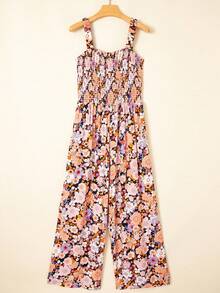 Acelitt Women's Bohemian Style Printed Square Neck Pleated Patchwork Pocket Loose Wide Leg Casual Jumpsuit, Summer - Multicolor - View 3