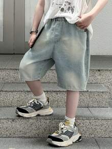 Boys' Loose Casual Denim 3/4 Pants, Summer - Baby Blue - View 5