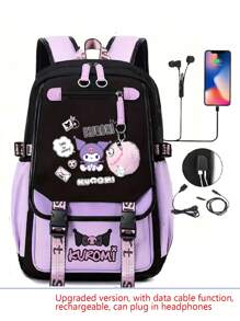 Sanrio Kuromi Anime Rucksack mit Lunch-Tasche, Nylon Laptop-Rucksack für Jungen und Mädchen, Mehrere Fächer, externer Geräteport, wasserdichtes Design, verstellbare Schultergurte, ideal für Schule, täglichen Gebrauch und Reisen, süßer Cartoon-Muster, thematische Lunch-Tasche, Reißverschluss-Verschluss, Schul-Rucksack