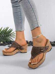 New Retro Square Toe Wedge Heel Slippers, French Romantic Classic Fashion Elegant High-End Breathable Wedge Heel Sandals For Women - Brown - View 3