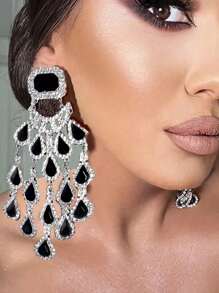 1 par de brincos pendurados com borla em forma de gota d'água de cristal preto, decoração elegante para maquiagem/festa