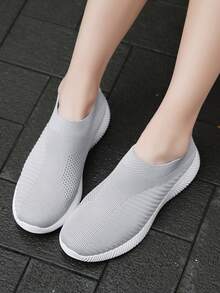 女士灰色透气针织休闲平底一脚蹬乐福鞋，轻便舒适 - 灰色 - 查看 4