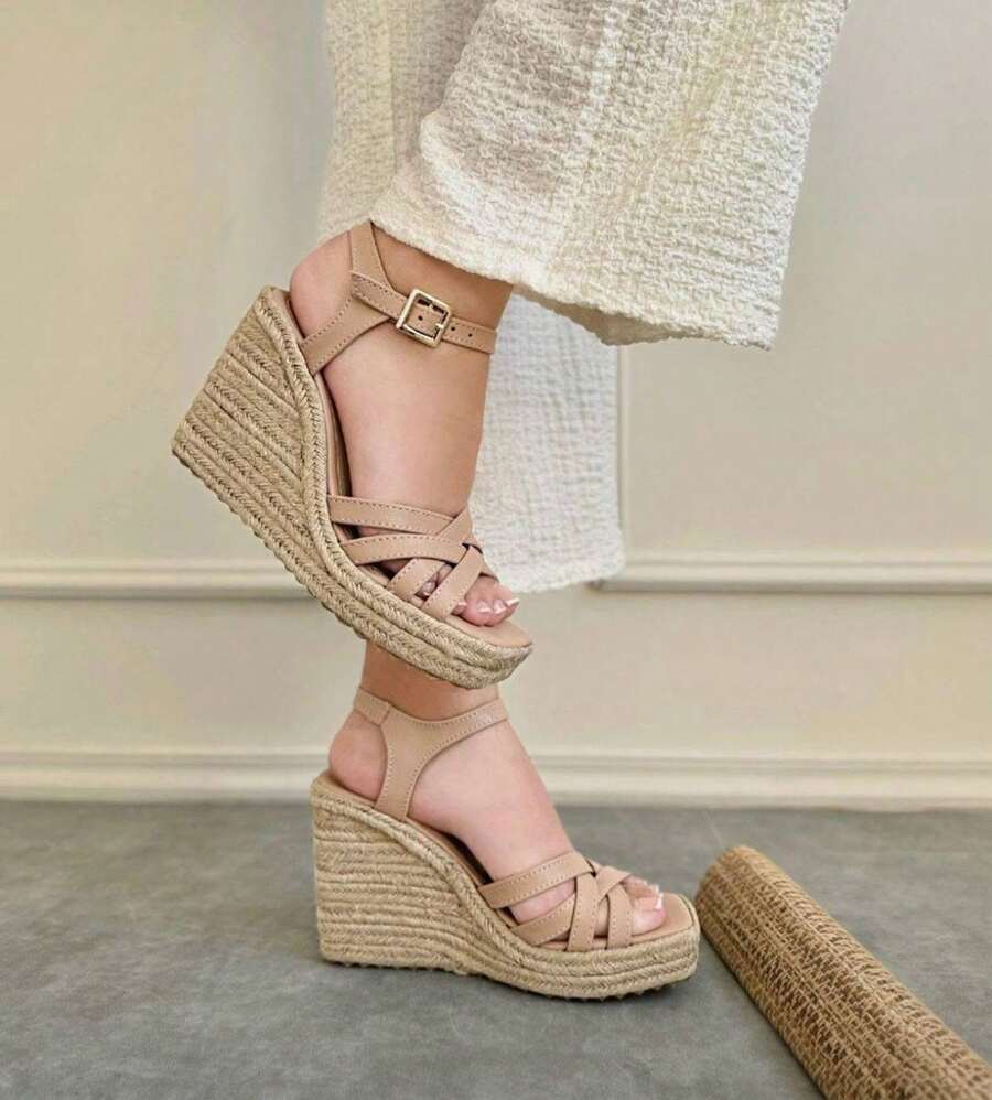 SHEIN SANDALIAS CUÑAS DE MUJER ALPARGATAS DE YUTE CON PLATAFORMA DE MODA SANDALIAS ABIERTAS ACOJINADAS SUELA ANTIDESLIZANTE DE PRIMAVERA VERANO MODA WOMAN SHOES WILLOWS    Vacación  Bohemio    Hebilla - Beis - Ver 1