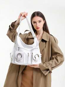 Mochila/Ombro/Bolsa Transversal Personalizada Multifuncional, Versátil, Estilo Coreano, 1 peça, 2025, Grande Capacidade, para Estudantes, Uso Diário e ao Ar Livre, Feminina - Branco - Ver 8