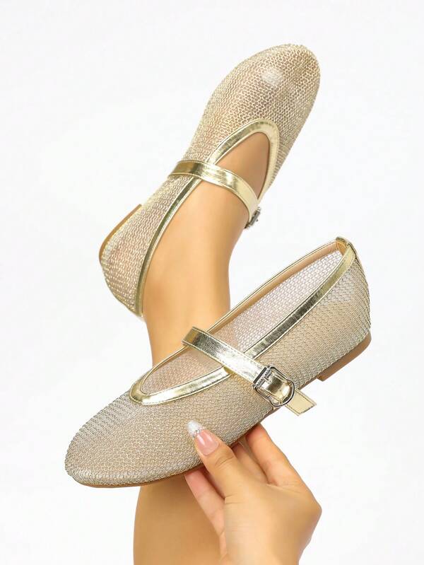 Damskie srebrne siateczkowe, brokatowe, oddychające, płaskie sandały Mary Jane, odpowiednie na letnią plażę i do noszenia na zewnątrz