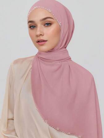 1 件波西米亚白珍珠雪纺面纱，涤纶纤维围巾披肩，适合所有季节