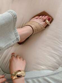 Sandal Jepit Anyaman Gaya Retro Prancis untuk Liburan, Sandal Wanita Musim Panas Desain Niche Hak Tebal Nyaman untuk Aktivitas Luar Ruangan, Sandal Jepit - Aprikot - View 3