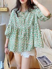 YUXIN 夏季新款宽松甜美3/4袖圆领休闲衬衫，时尚蝙蝠翼碎花衬衫