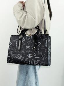 Women's Fashion Letter Print Multi-Functional Shoulder Tote Bag With Accessory, Stylish, Versatile For Commuting, PU Leather Material