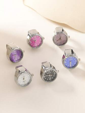 1 件可爱哥特西部个人银色多色圆形闪亮表带弹性表带可调节饰物可读取数字手指手表戒指套装适合女士情侣日常佩戴，时髦粉色、蓝色、紫色、绿色、红色、金色女士手表套装钟表戒指舞会戒指配饰珠宝