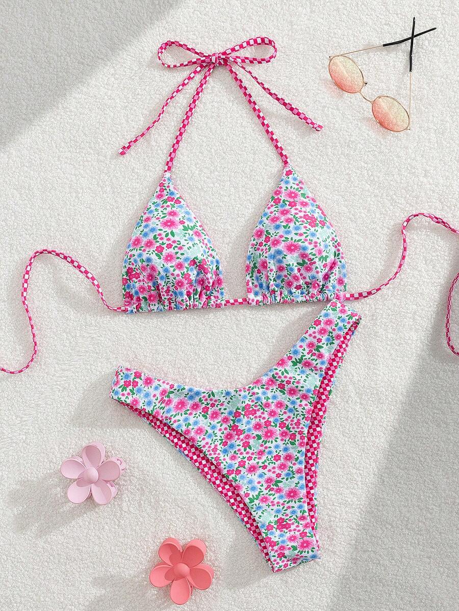 PEPPERMOLLY 女士性感碎花吊带系带两件式比基尼泳衣套装，夏季海滩 - 彩色 - 查看 1