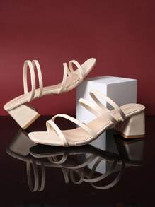 1pair Women's Beige Block Heel Slide Sandals, Soft PU Pull Strap Material Square Toe Dual-Color Rubber Non-Slip Sole, Fashionable Luxury High Heel House Slippers Suitable For Daily Casual, Vacation, Travel, Gathering, Beach Wear, Summer New