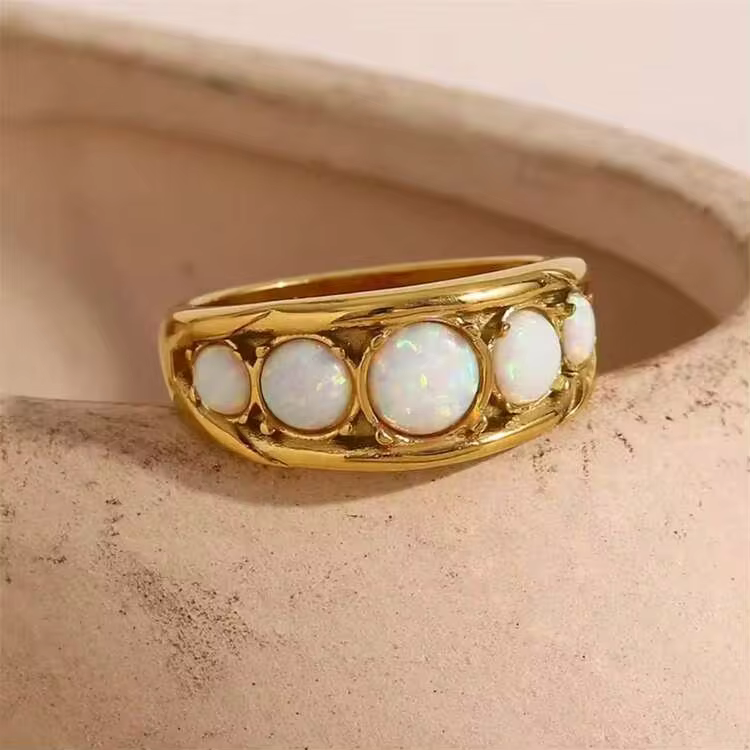 VKHK 1pc Elegant 18K Gold Plated Stainless Steel White Opal Decor Single Ring, Suitable For Women's Daily Wear And Wedding, Gift - Opal Ring - View 11