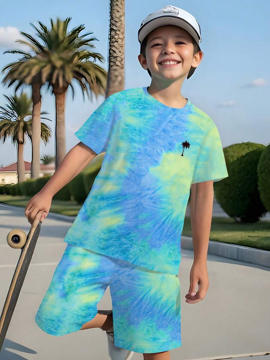 Tween Boys Palm Tree Print Short Sleeve T-Shirt And Shorts Set - Blue - View 1