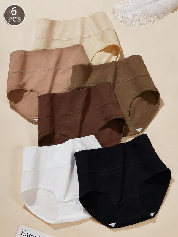paquete de 6 bragas de mujer de talle alto, 100% algodón, de estilo sencillo y casual, con tela de punto cómoda y corte triangular regular, aptas para todas las estaciones