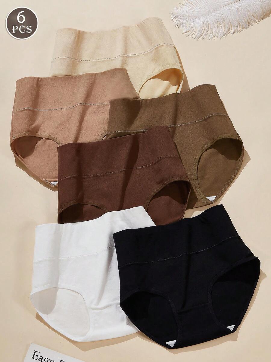 6 件/包女士高腰纯棉内裤，简约休闲，舒适针织面料，常规版型三角内裤，四季皆宜 - 彩色 - 查看 1