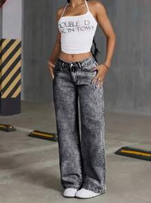 Fashionable Washed Distressed Wide Leg Jeans For Teens