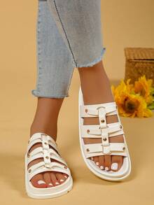 Women's Fashion Basic Casual Neutral Rivet Decor Indoor/Outdoor Beach Slippers - White - View 3
