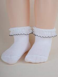 6 双白色蕾丝边袜子，透气柔软甜美时尚四季袜，学院风女婴舞蹈袜 - 白色 - 查看 9