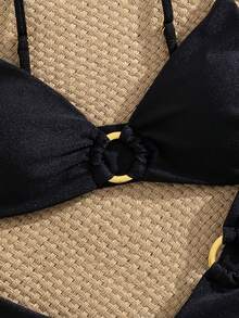 Women's Solid Color Metal Ring Detachable Strap Bikini Set, Summer - Black - View 4