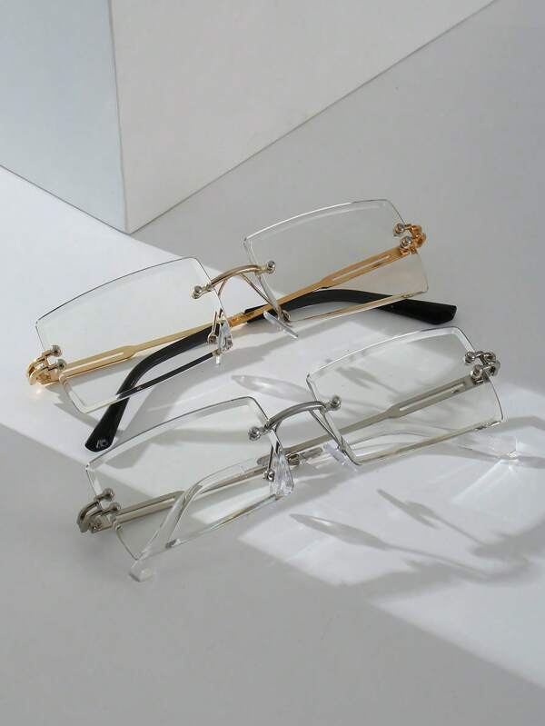 2 piezas Gafas transparentes sin montura personalizadas, de estilo moderno y sencillo, a juego con todo, para hombres para la vida diaria, la oficina y la lectura, accesorios de atuendo de oficina