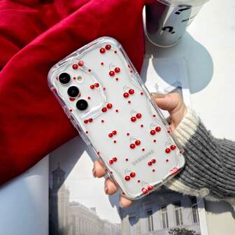 1 pieza Funda de teléfono con diseño de cereza roja y pantalla completa, bonito y minimalista, cubierta transparente 3D con onda a prueba de golpes compatible con Samsung/Spark/Infinix/OPPO