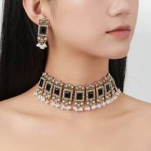 Retro Exaggerated Boho Crystal Rhinestone, Pearl, Square Gemstone Necklace And Tassel Earrings 3pcs Jewelry Set
