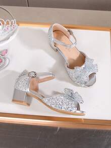 Girls' Elegant Fashion High-End Bow Party High Heel Sandals, Open Toe High Heel Sandals, Breathable And Lightweight Formal Shoes For Party, Performance, Banquet, Wedding, Round Toe High Heel Sandals