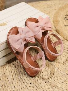1 Pair Beige Plus Size Girls' Flat Sandals With Knitted Mesh, Big Bow Decor, Elastic Strap, Round Toe, Fashionable & Cute, Suitable For 3-15 Years Old Girls, Daily, Casual, Party, Travel, Spring/Summer - Pink - View 4