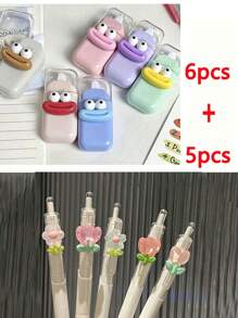 6-2-1pc Cute Colorful Big Mouth Correction Tape, School Correction Tape, Color Changing Tape, Portable Correction Tape, 5pcs Cute Flower Quick-Drying Gel Pen, Gel Pen, Ballpoint Pen, Cute Flower Push-Pull Pen, Very Suitable For Students And Girls, Back-To-School Season Gifts, Back-To-School Gifts For Children, Friends And Besties, Back-To-School Gifts