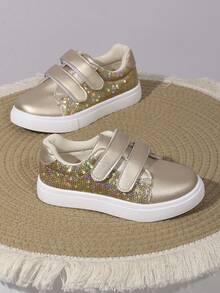 女童亮片低帮休闲运动鞋、儿童运动鞋、学生春夏平底休闲鞋、街头休闲鞋、青少年日常穿着鞋 - 金色 - 查看 6